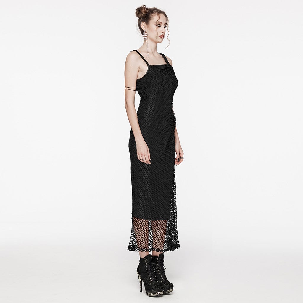 PUNK RAVE Women's Gothic Mesh Splice Drawstring Slip Dress Black