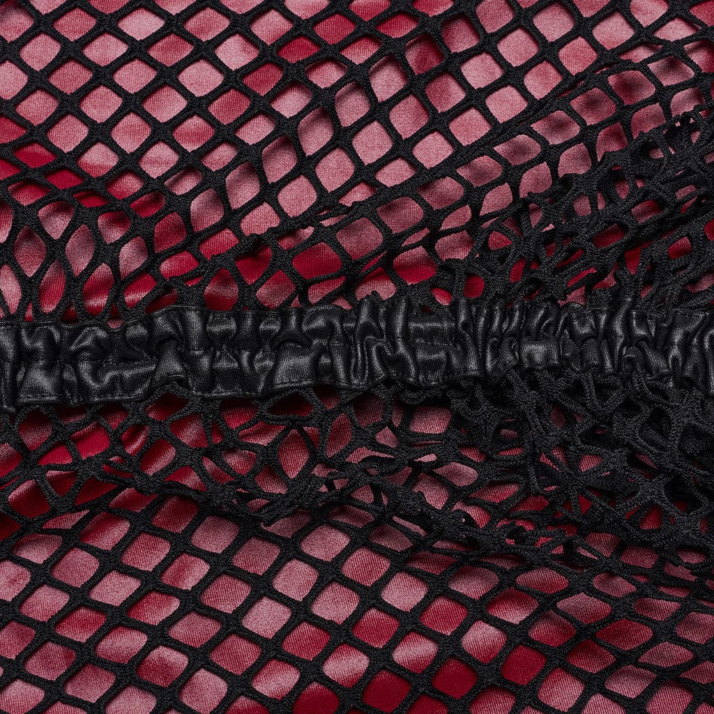 PUNK RAVE Women's Gothic Mesh Splice Drawstring Slip Dress Red