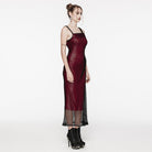 PUNK RAVE Women's Gothic Mesh Splice Drawstring Slip Dress Red