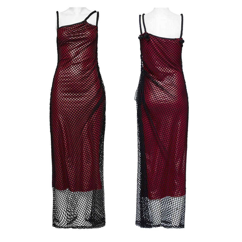 PUNK RAVE Women's Gothic Mesh Splice Drawstring Slip Dress Red