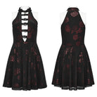 PUNK RAVE Women's Gothic Mesh Splice Red Rose Velvet Halterneck Dress