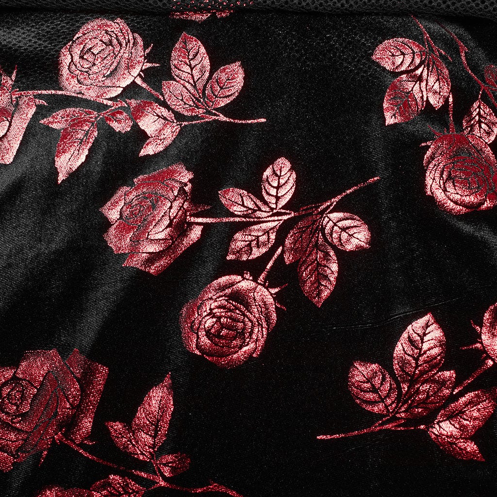 PUNK RAVE Women's Gothic Mesh Splice Red Rose Velvet Halterneck Dress
