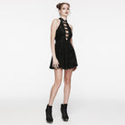 PUNK RAVE Women's Gothic Mesh Splice Rose Velvet Halterneck Dress