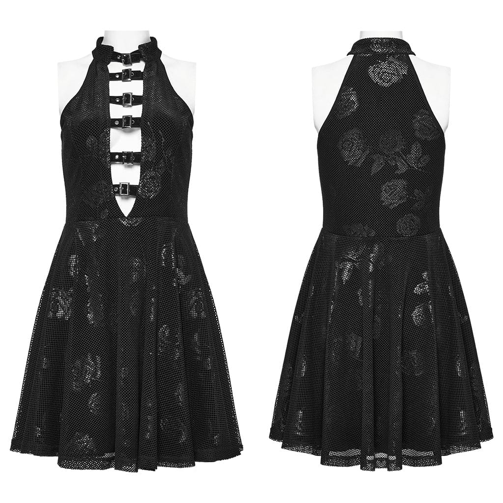 PUNK RAVE Women's Gothic Mesh Splice Rose Velvet Halterneck Dress