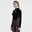 PUNK RAVE Women's Gothic Moon Cutout Mesh Splice Velvet Shirt