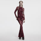 PUNK RAVE Women's Gothic Moon Printed Lace-up Mesh Flared Pants Red