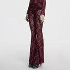 PUNK RAVE Women's Gothic Moon Printed Lace-up Mesh Flared Pants Red