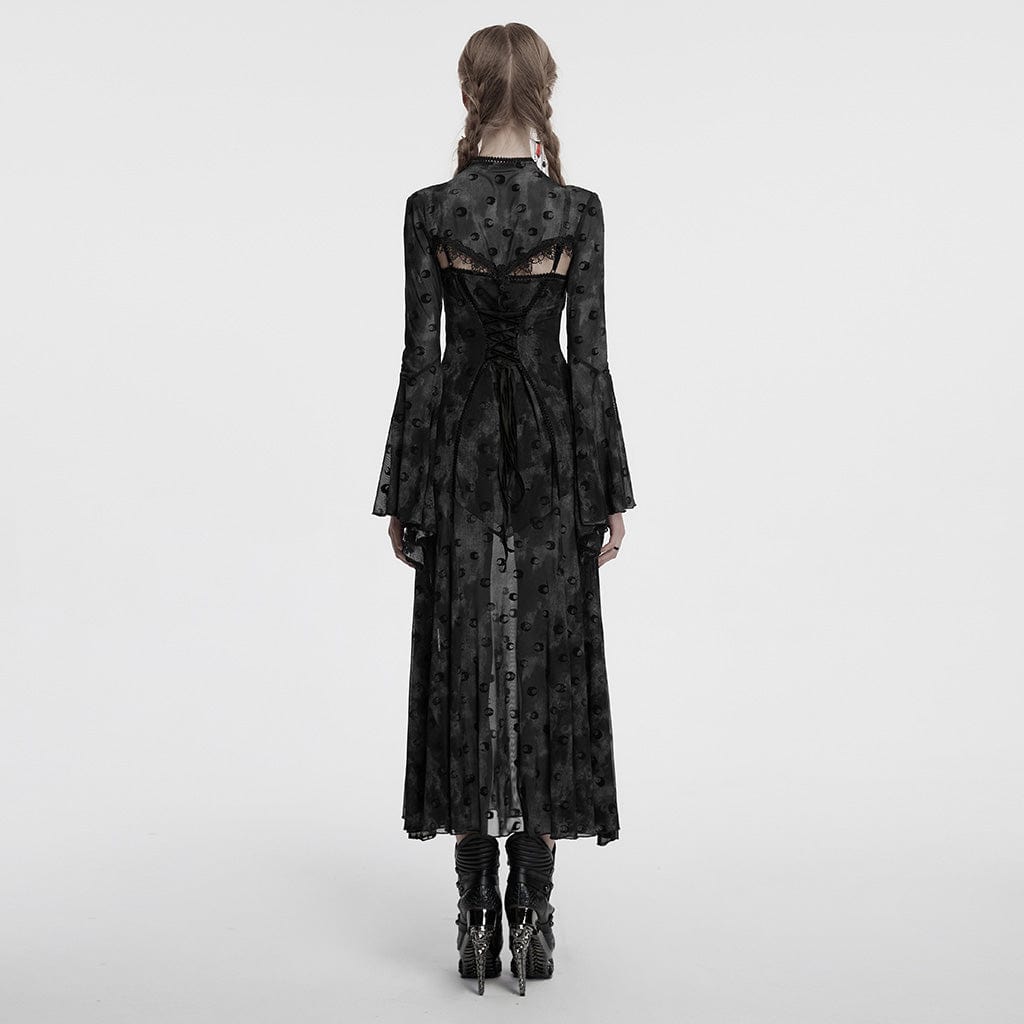 PUNK RAVE Women's Gothic Moon Printed Mesh Slip Dress with Cape Grey