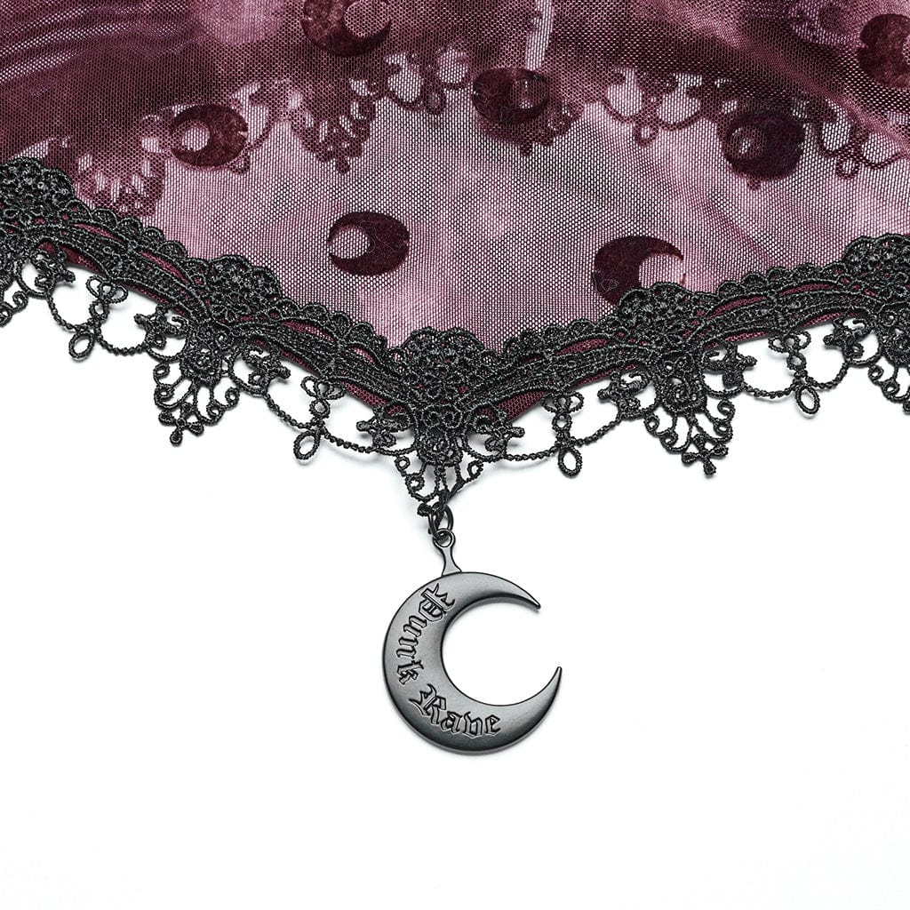 PUNK RAVE Women's Gothic Moon Printed Mesh Slip Dress with Cape Red