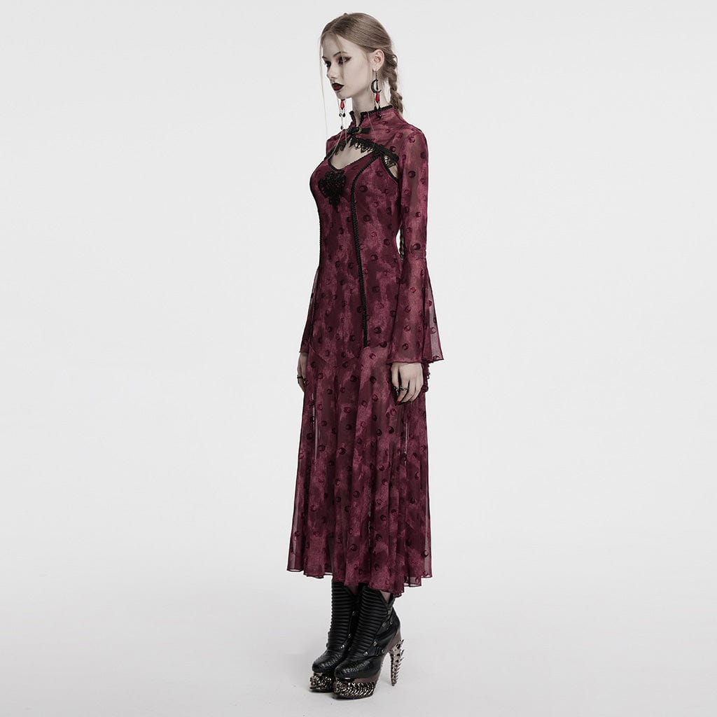 PUNK RAVE Women's Gothic Moon Printed Mesh Slip Dress with Cape Red