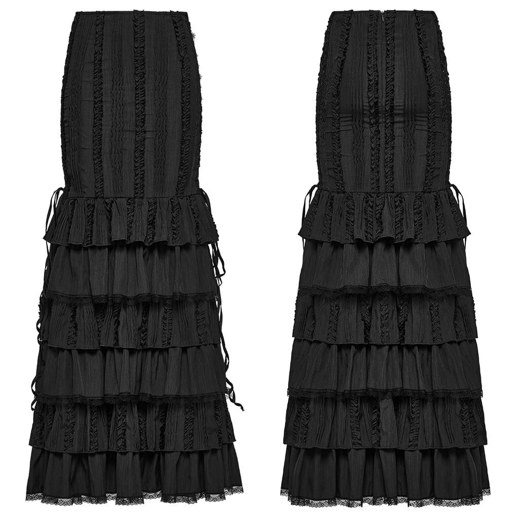 PUNK RAVE Women's Gothic Multilayer Ruffle Lace-up Mermaid Skirt