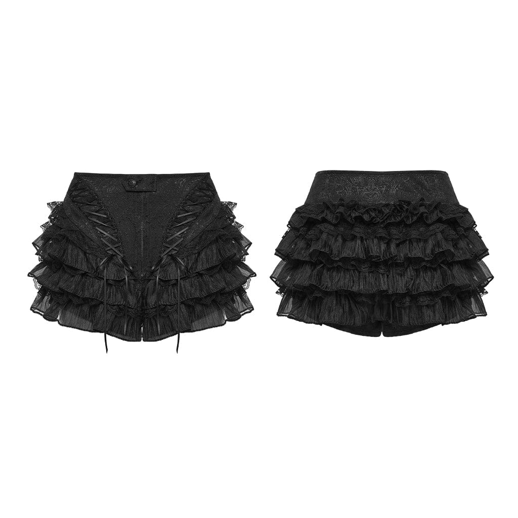 PUNK RAVE Women's Gothic Multilayer Ruffled Tiered Shorts