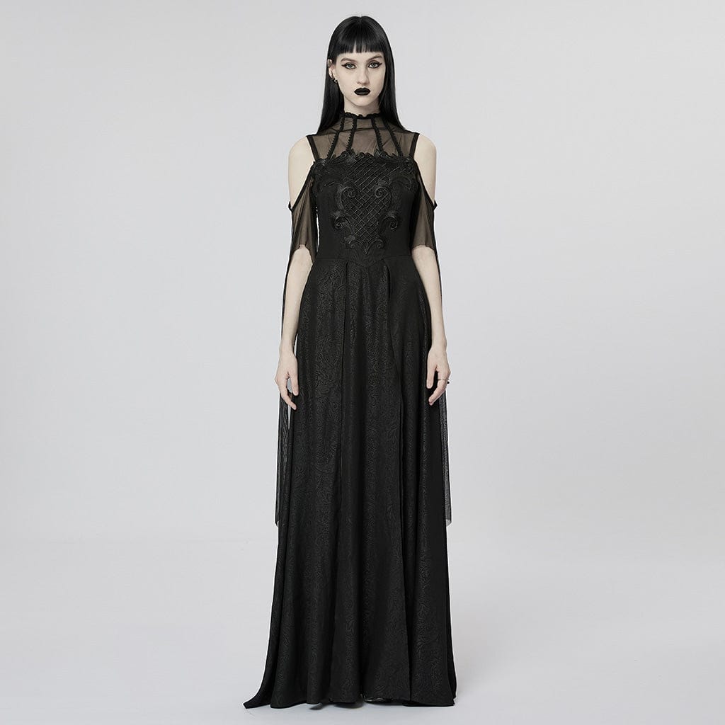 PUNK RAVE Women's Gothic Off Should Mesh Splice Split Dress