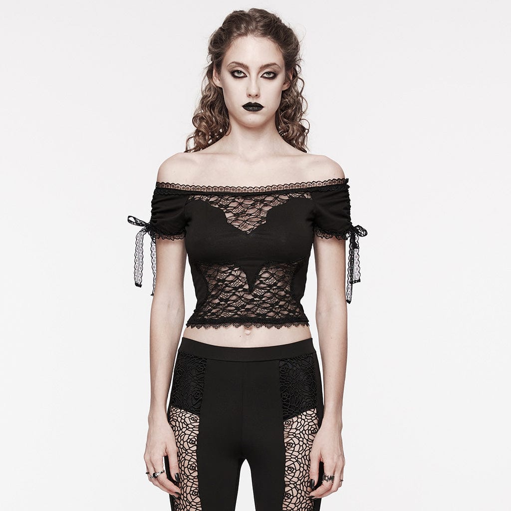PUNK RAVE Women's Gothic Off-shoulder Drawstring Lace Top