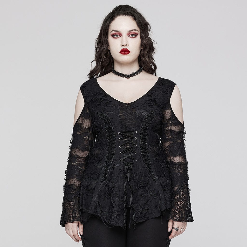 Women's Plus Size Gothic Off Shoulder Flared Sleeved Lace Shirt – Punk  Design