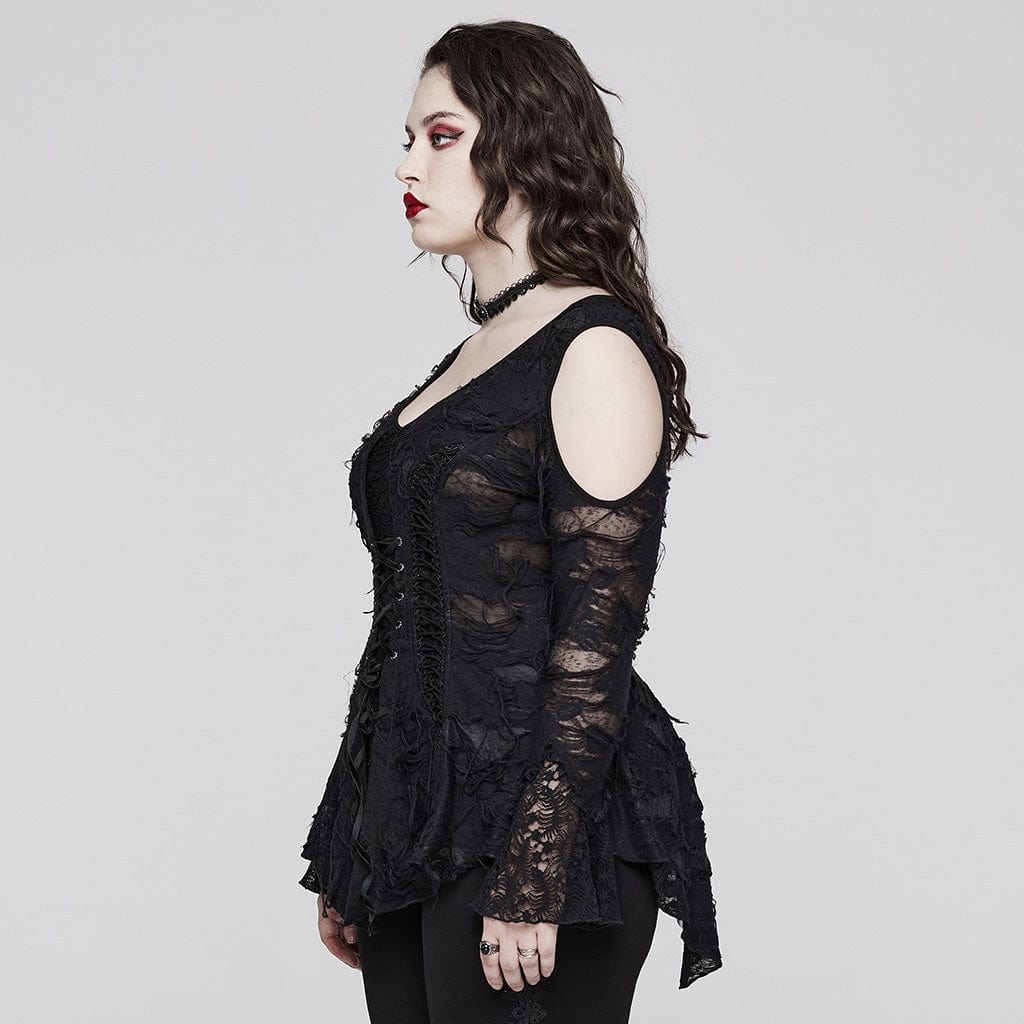 PUNK RAVE Women's Gothic Off Shoulder Flared Sleeved Lace Shirt