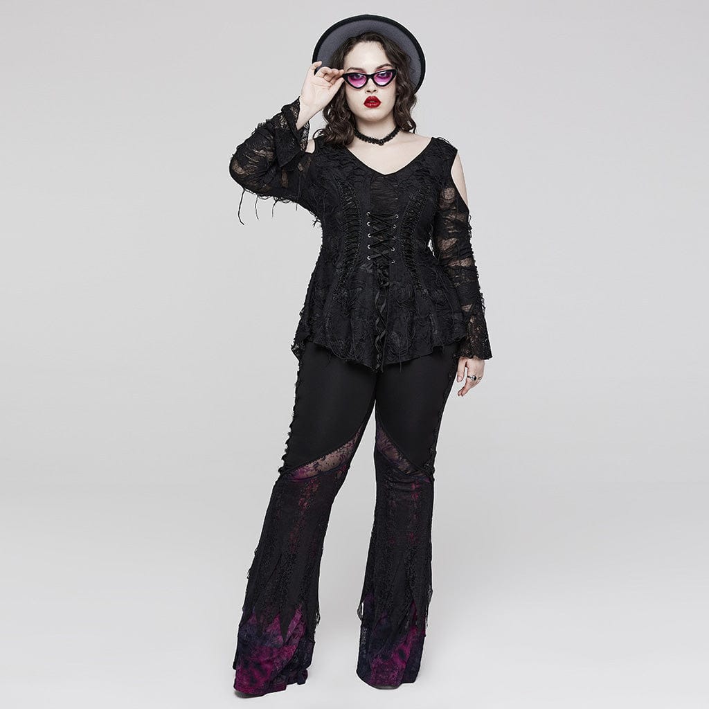 PUNK RAVE Women's Gothic Off Shoulder Flared Sleeved Lace Shirt