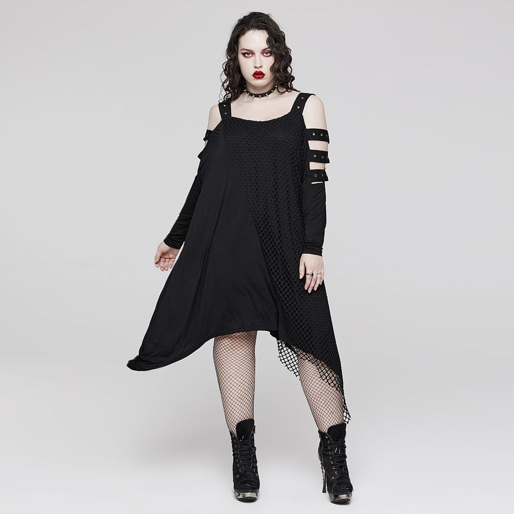 PUNK RAVE Women's Gothic Off Shoulder Mesh Splice Dress