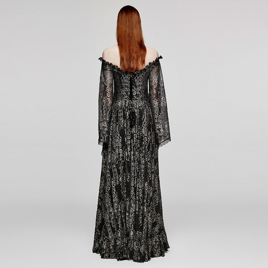PUNK RAVE Women's Gothic Off Shoulder Mesh Splice Dress