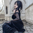 PUNK RAVE Women's Gothic Off Shoulder Mesh Splice Velvet Dress