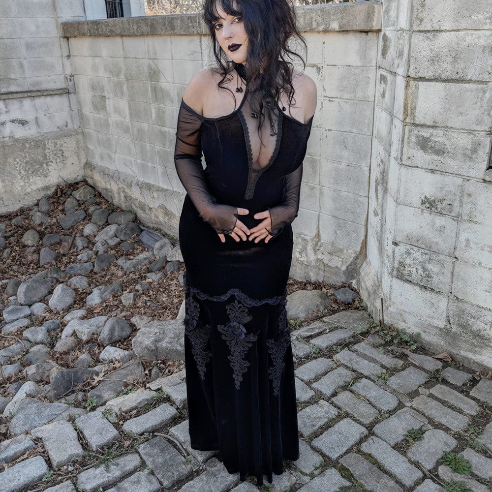 PUNK RAVE Women's Gothic Off Shoulder Mesh Splice Velvet Dress