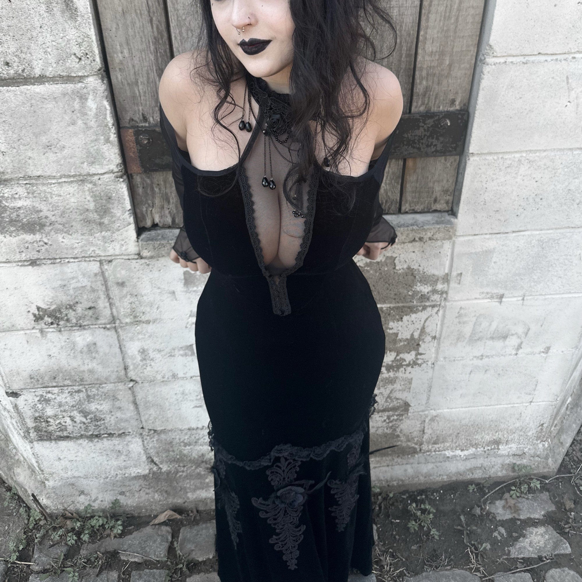 PUNK RAVE Women's Gothic Off Shoulder Mesh Splice Velvet Dress