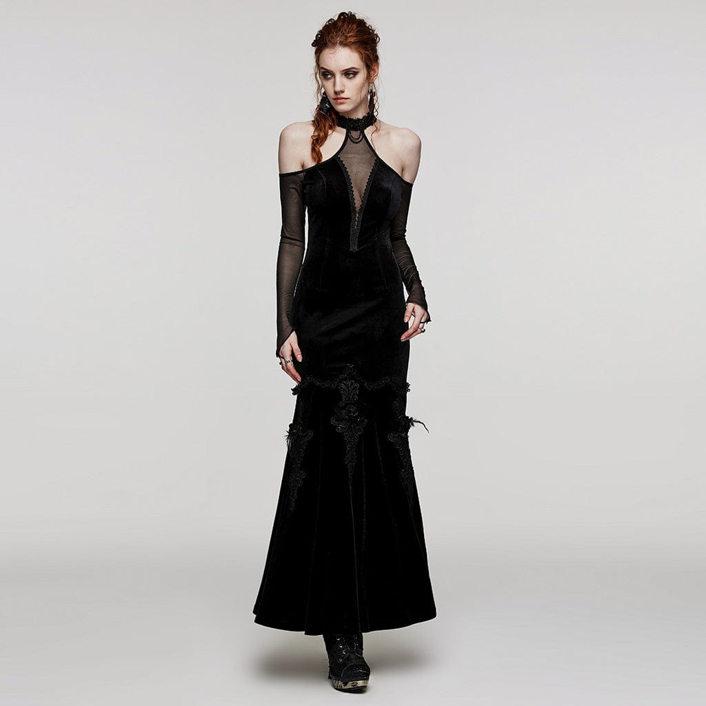 PUNK RAVE Women's Gothic Off Shoulder Mesh Splice Velvet Dress