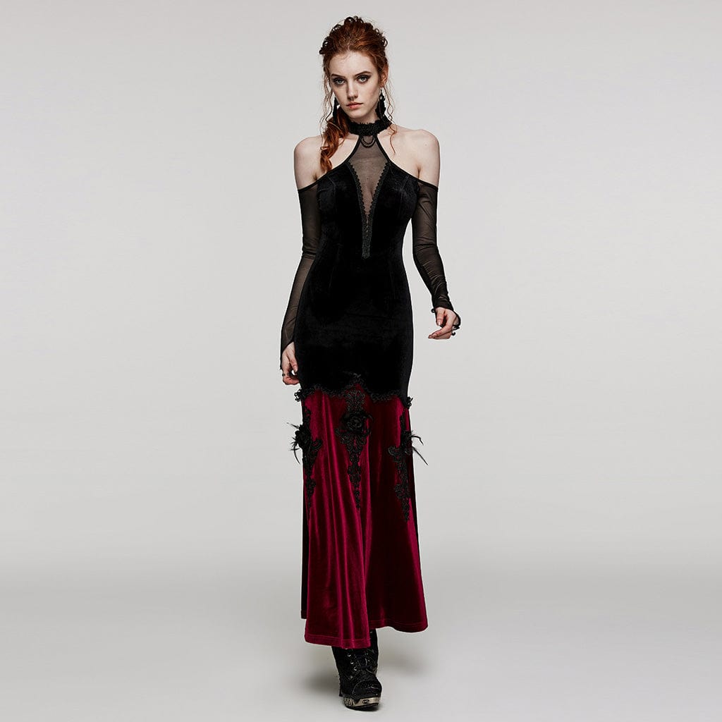 PUNK RAVE Women's Gothic Off Shoulder Mesh Splice Velvet Dress