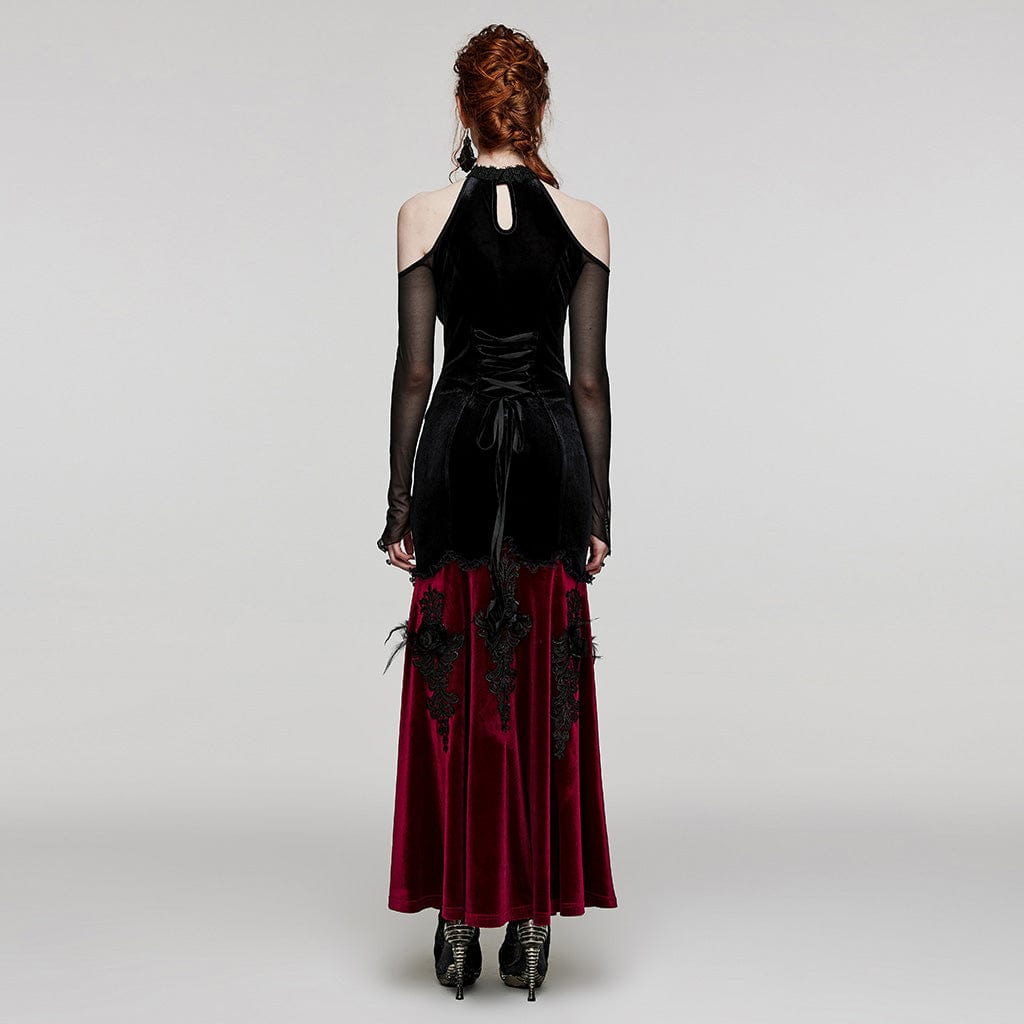 PUNK RAVE Women's Gothic Off Shoulder Mesh Splice Velvet Dress