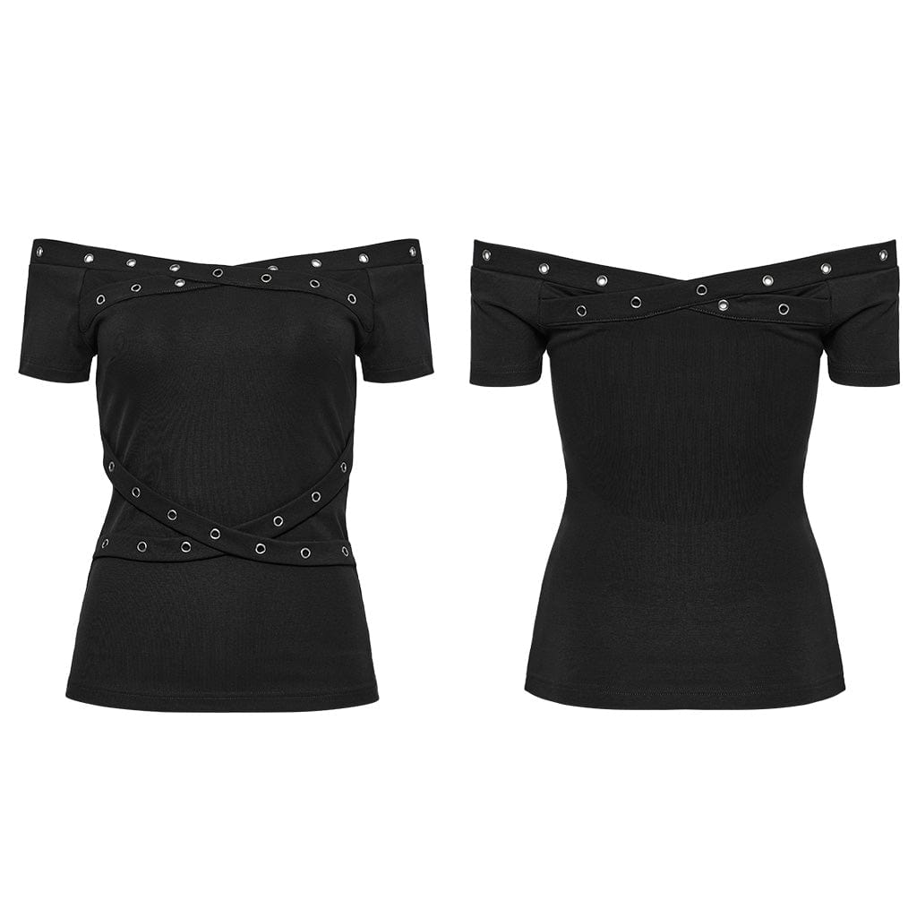 PUNK RAVE Women's Gothic Off-the-shoulder Eyelet Strap Shirt