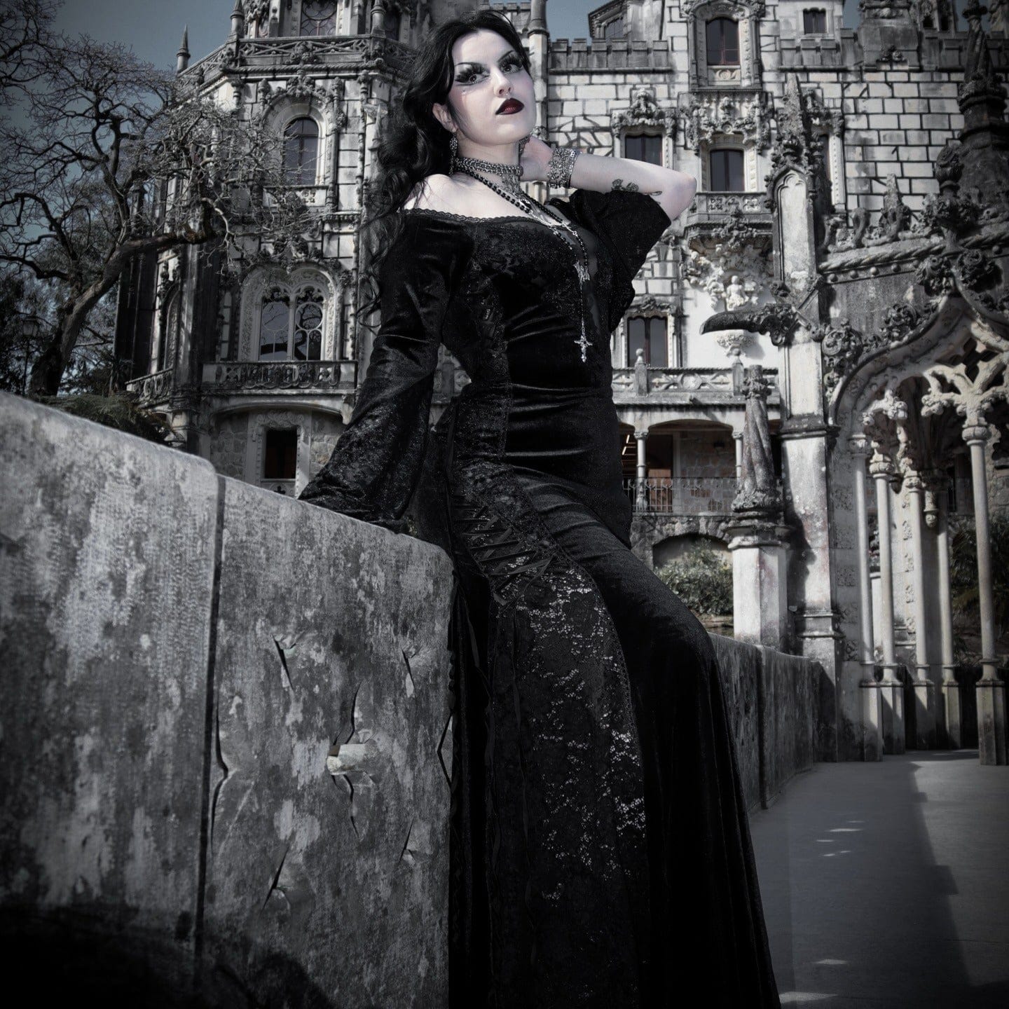 PUNK RAVE Women's Gothic Off-the-shoulder Lace Splice Velvet Gown Dress