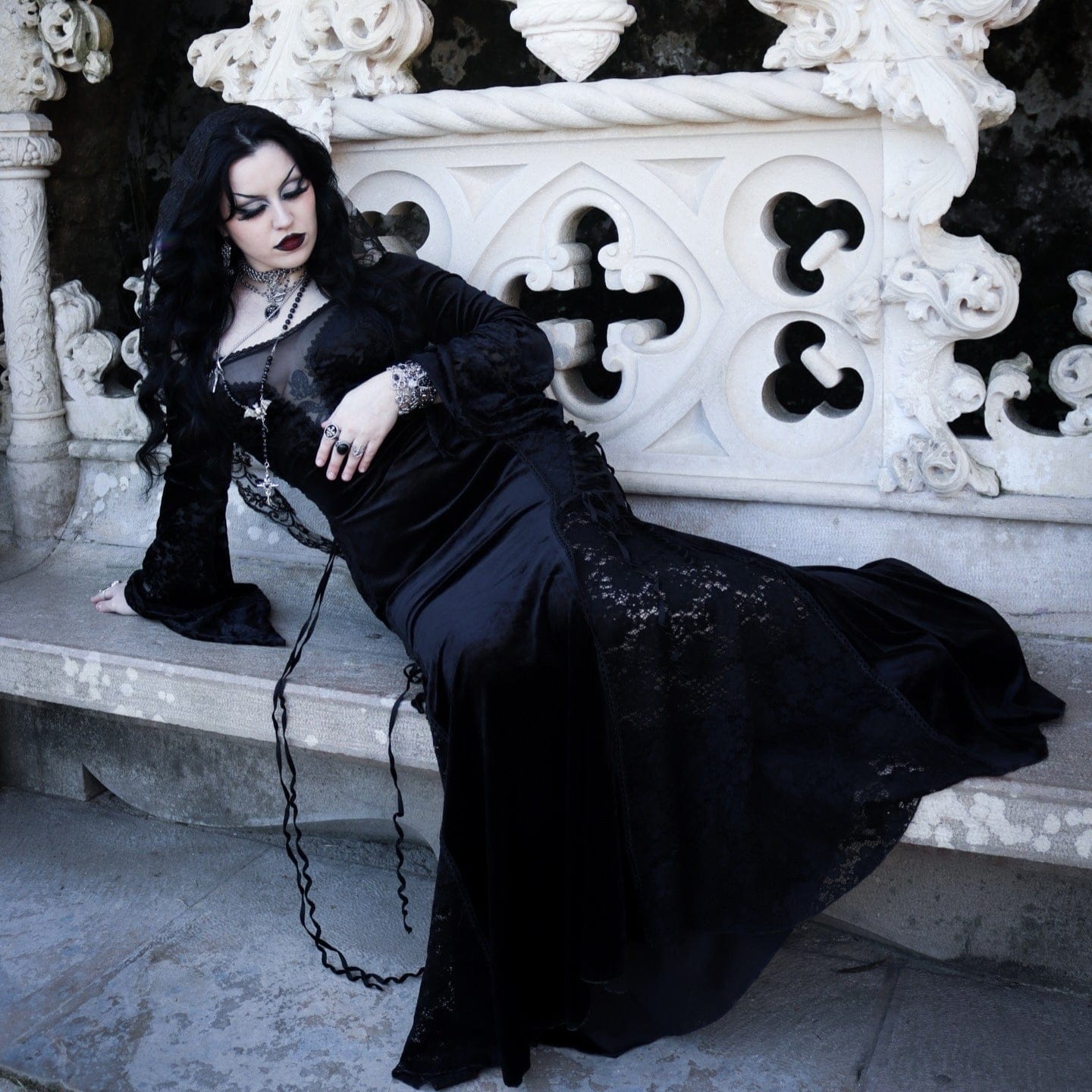 PUNK RAVE Women's Gothic Off-the-shoulder Lace Splice Velvet Gown Dress
