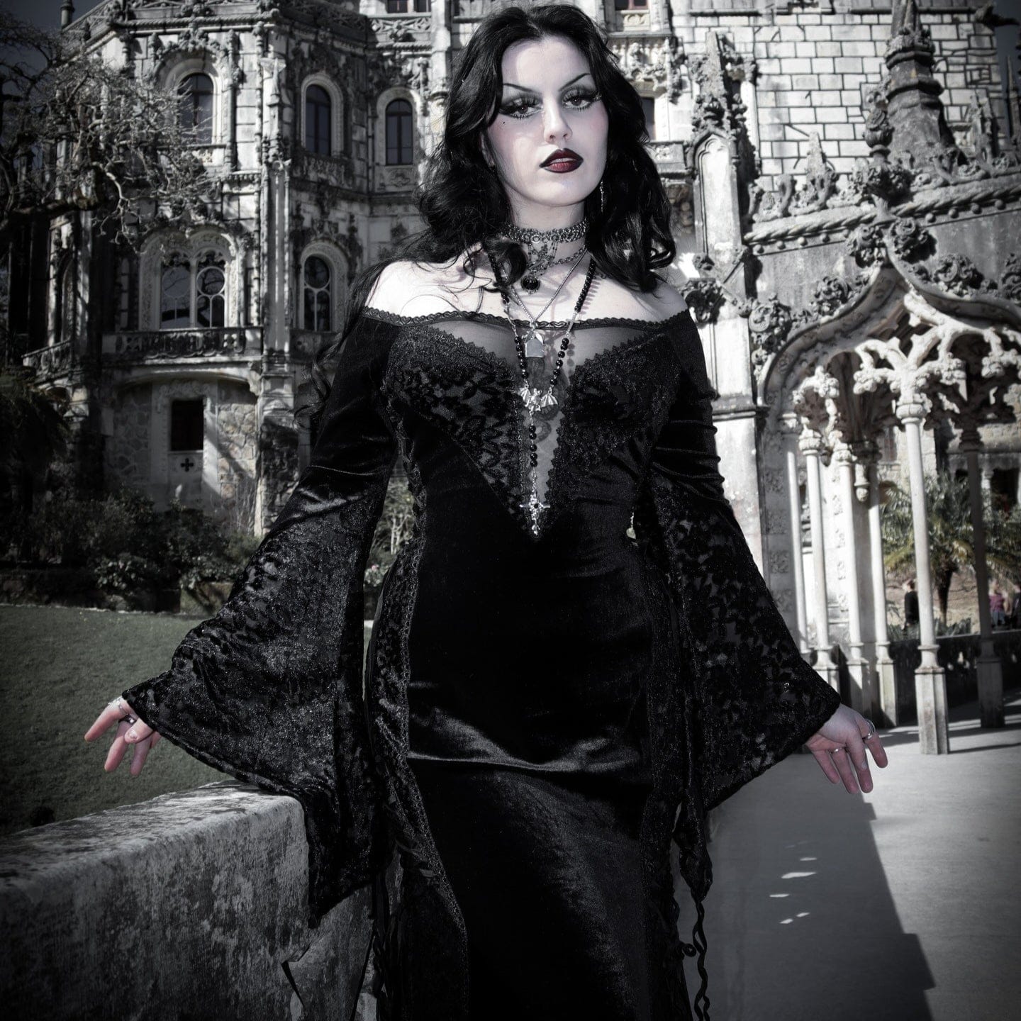 PUNK RAVE Women's Gothic Off-the-shoulder Lace Splice Velvet Gown Dress