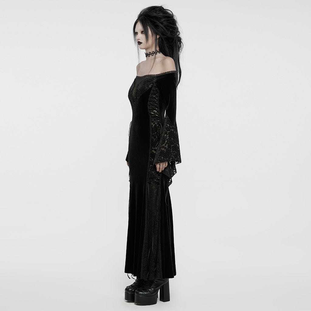 PUNK RAVE Women's Gothic Off-the-shoulder Lace Splice Velvet Gown Dress