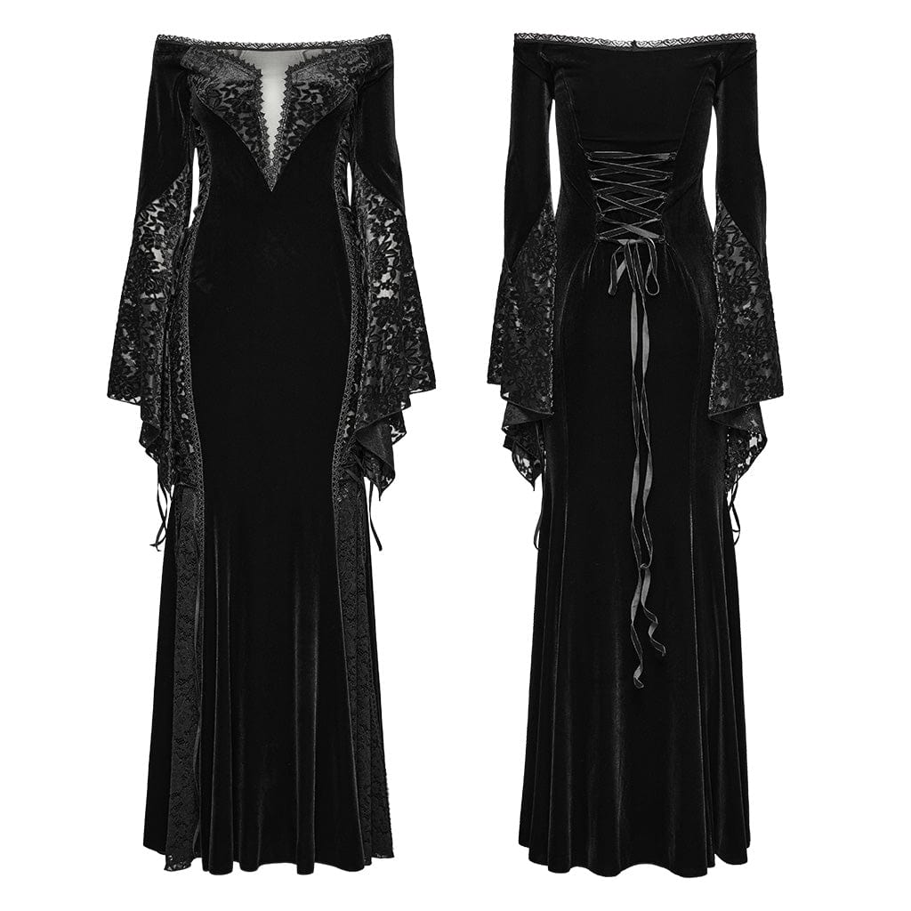 PUNK RAVE Women's Gothic Off-the-shoulder Lace Splice Velvet Gown Dress