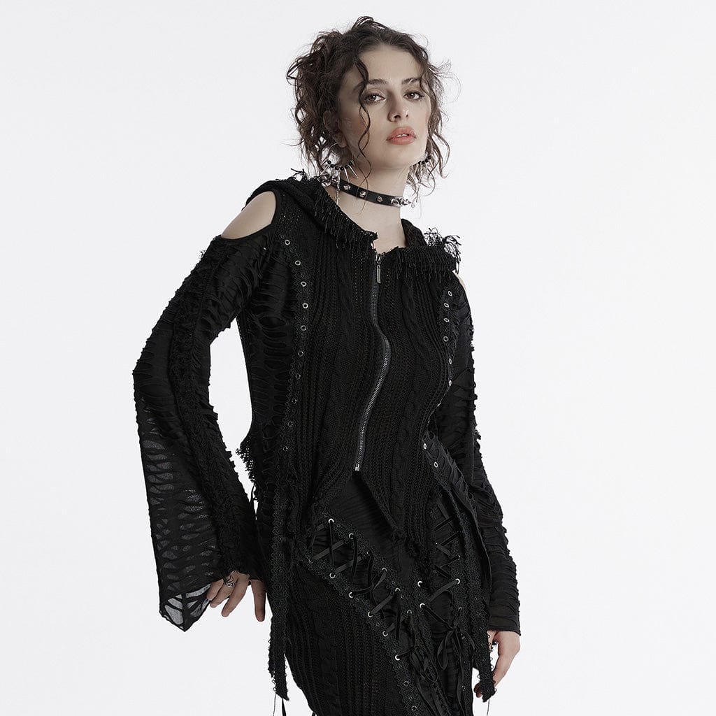 PUNK RAVE Women's Gothic Off-the-shoulder Ripped Black Knitted Coat with Hood