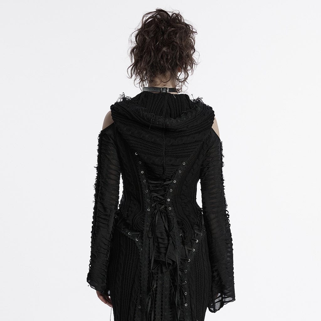 PUNK RAVE Women's Gothic Off-the-shoulder Ripped Black Knitted Coat with Hood