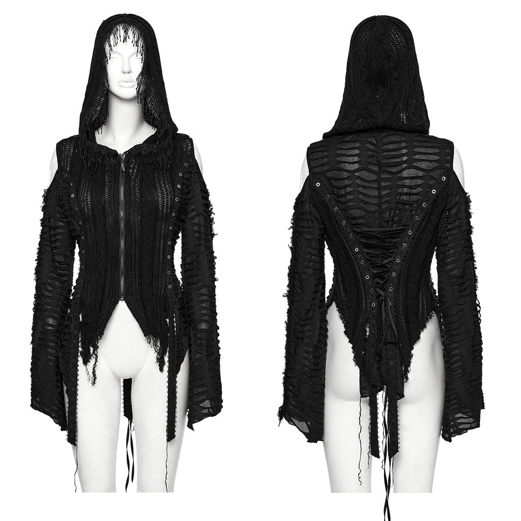 PUNK RAVE Women's Gothic Off-the-shoulder Ripped Black Knitted Coat with Hood