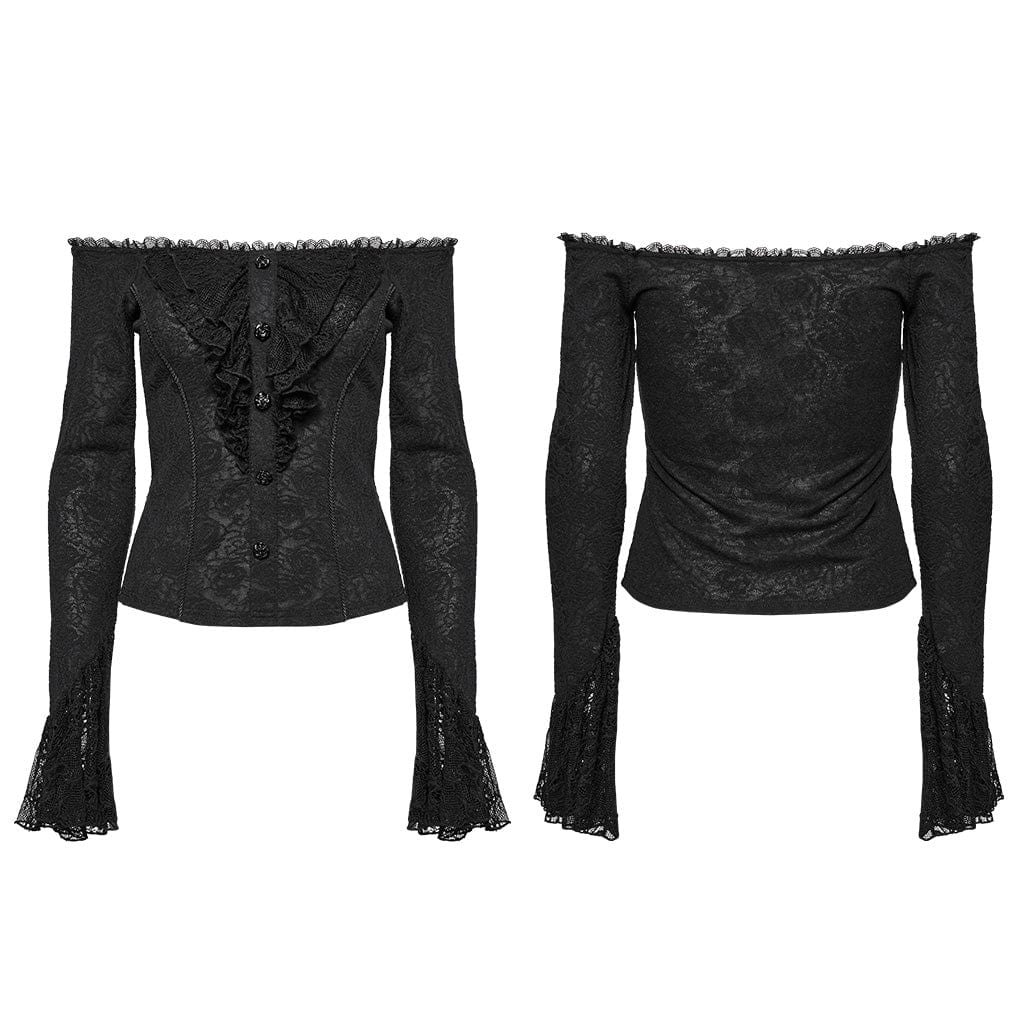 PUNK RAVE Women's Gothic Off-the-shoulder Ruffled Lace Splice Shirt