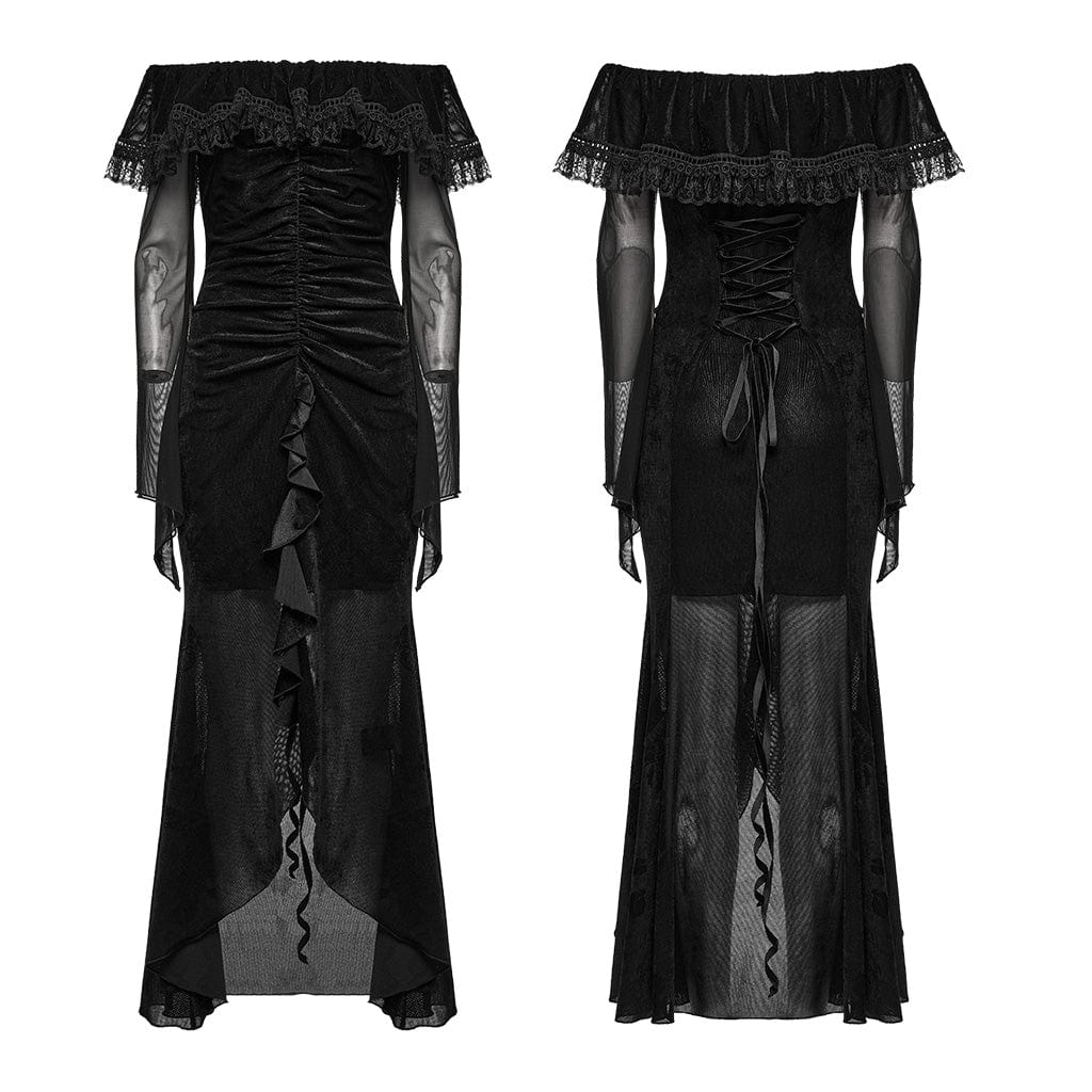 PUNK RAVE Women's Gothic Off-the-shoulder Ruffled Mesh Prom Dress