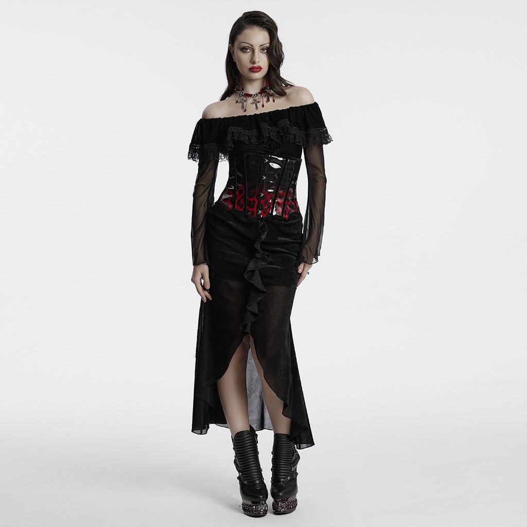 PUNK RAVE Women's Gothic Off-the-shoulder Ruffled Mesh Prom Dress