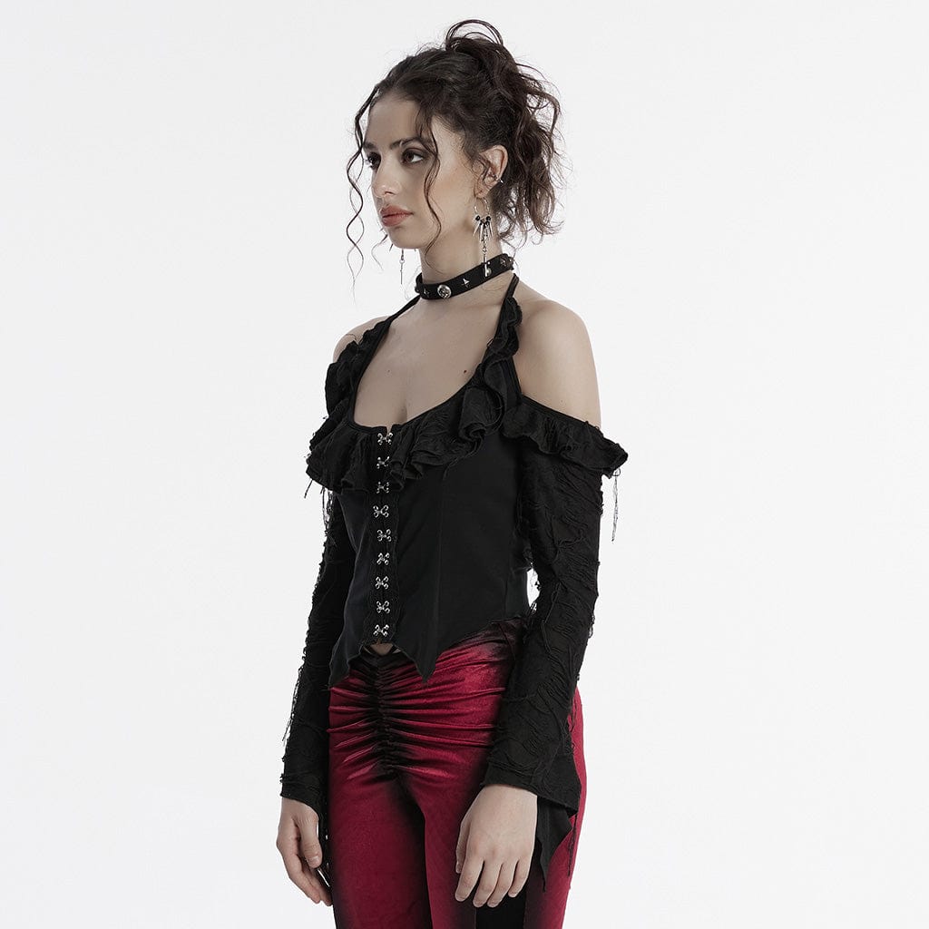 PUNK RAVE Women's Gothic Off-the-shoulder Ruffled Ripped Shirt