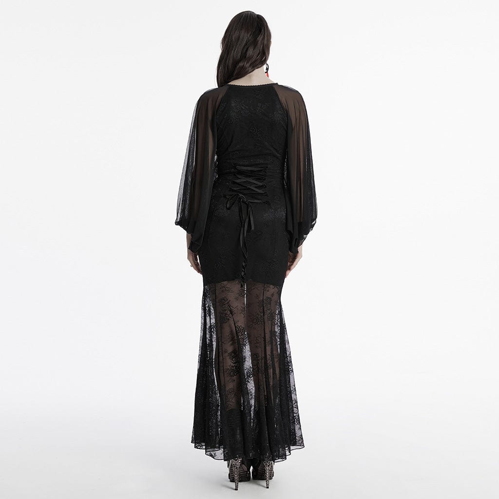 PUNK RAVE Women's Gothic Plunging Batwing Sleeved Fishtail Dress