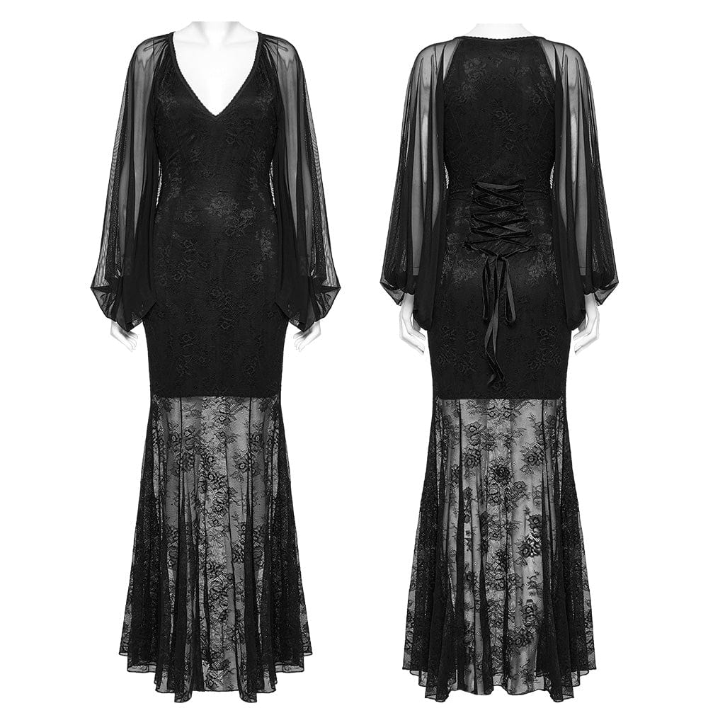 PUNK RAVE Women's Gothic Plunging Batwing Sleeved Fishtail Dress