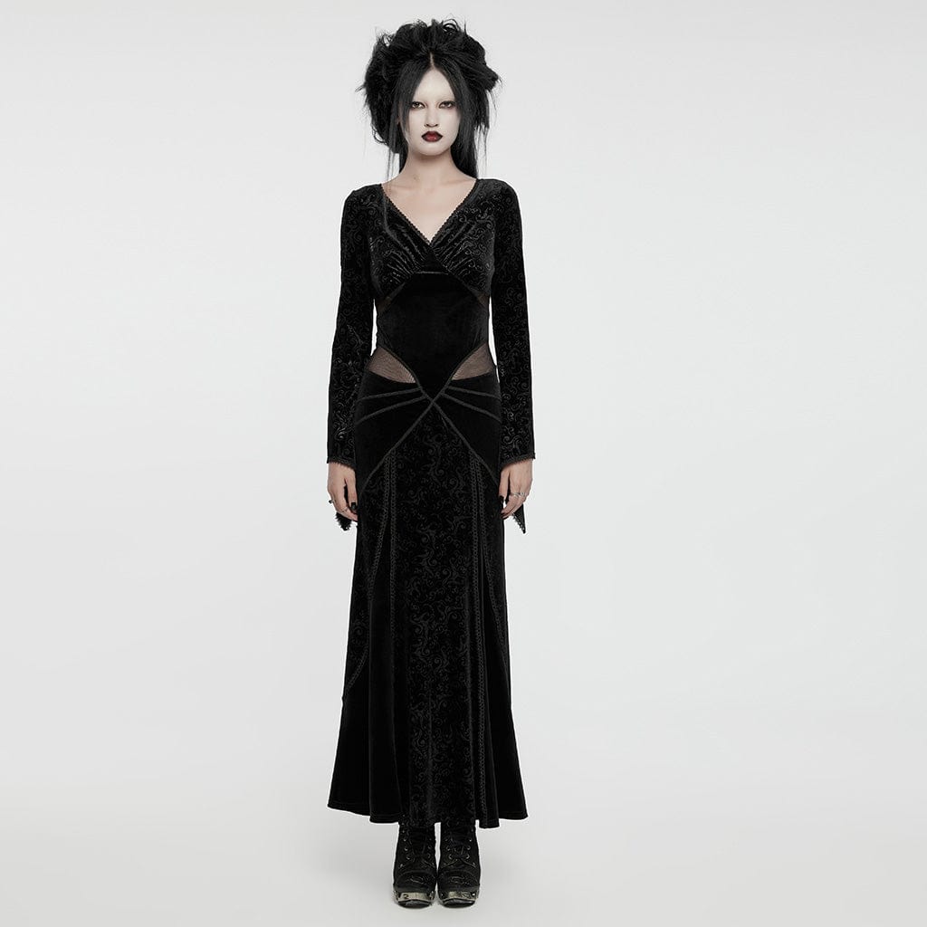 Women's Gothic Plunging Embossed Velvet Prom Dress Black Punk Design Women's Gothic Plunging Embossed Velvet Prom Dress Black Punk Design