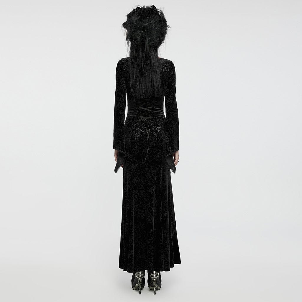 PUNK RAVE Women's Gothic Plunging Embossed Velvet Prom Dress Black