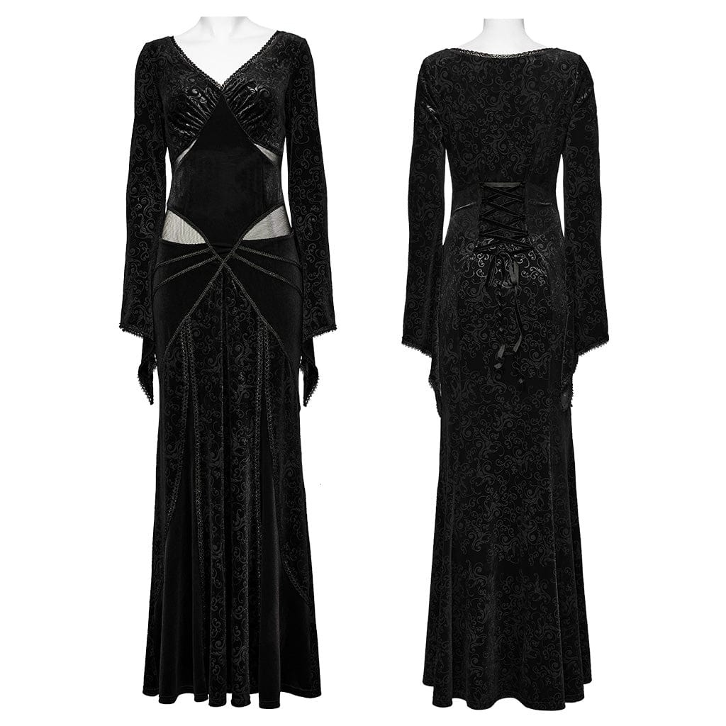 PUNK RAVE Women's Gothic Plunging Embossed Velvet Prom Dress Black