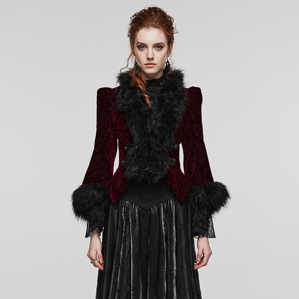 PUNK RAVE Women's Gothic Plunging Faux Fur Splice Velvet Coat