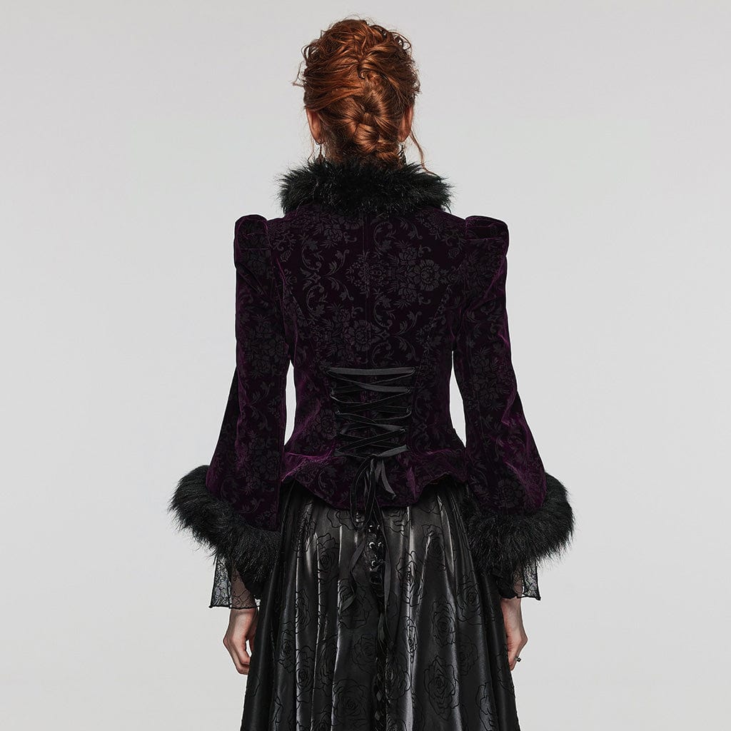 PUNK RAVE Women's Gothic Plunging Faux Fur Splice Velvet Coat
