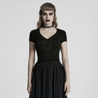 PUNK RAVE Women's Gothic Plunging Floral Embroidered T-shirt